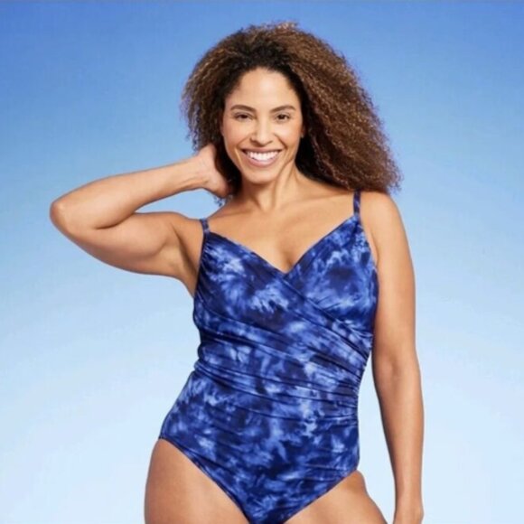 Aqua Green Blue Tie-Dyed UPF 50 Twist-Front One-Piece Swim Suit Size Medium NWT - Picture 1 of 9